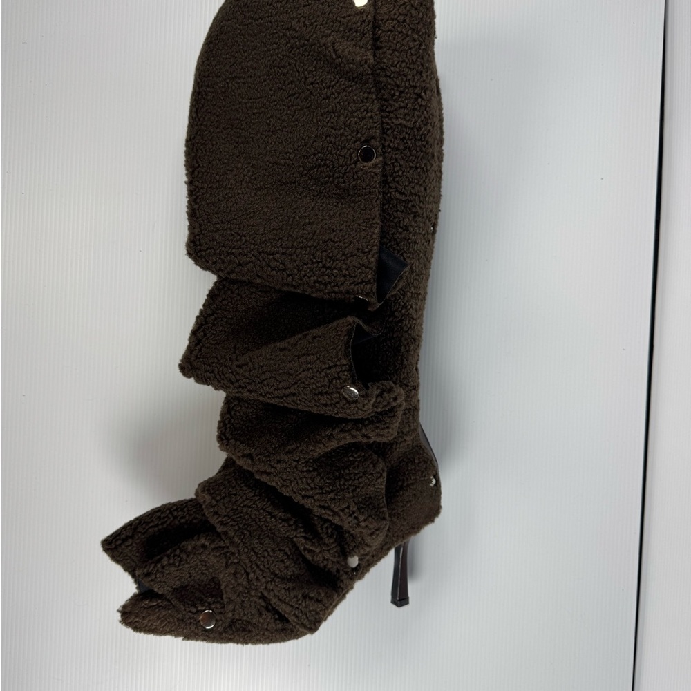 Azalea Wang Fabian Brown Faux Shearling Knee High Boots Stiletto NIB